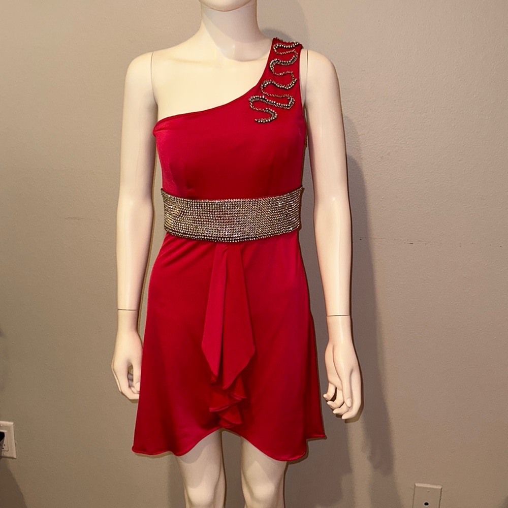 NWD KIMIKAL hot pink one shoulder rhinestone embellished dress S